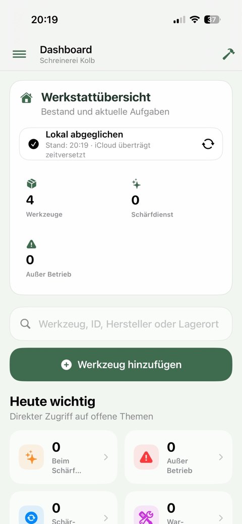 Dashboard von WerkstattPro mit Werkstattübersicht, Suche und Werkzeug hinzufügen